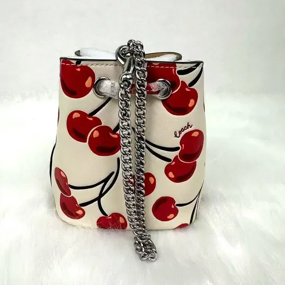 Coach Drawstring Wristlet Chain Strap Cherry Print Silver Chalk Multi CZ030 NWT - Picture 3 of 7